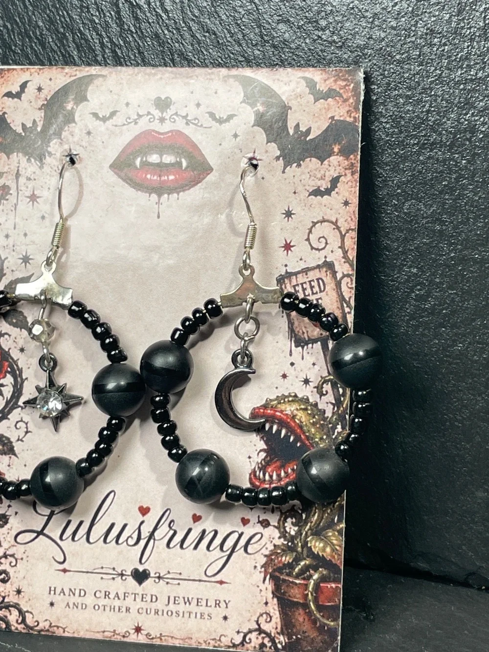 REDUCED Artisan Black Onyx Beaded Hoop Earrings with Moon & Star Charms